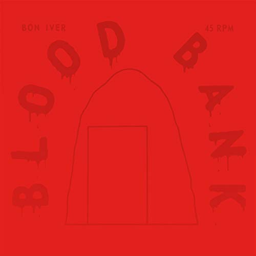 Red album cover for Bon Iver’s “Blood Bank” with a cabin illustration.
