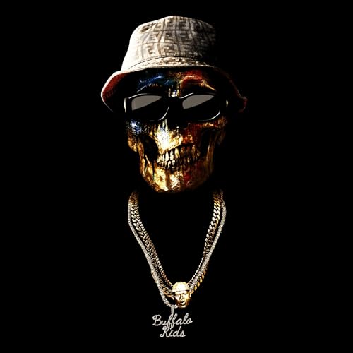 Skull wearing a bucket hat and gold chain, dark background.