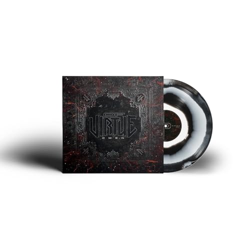Vinyl record and square album cover with ornate, dark red design.