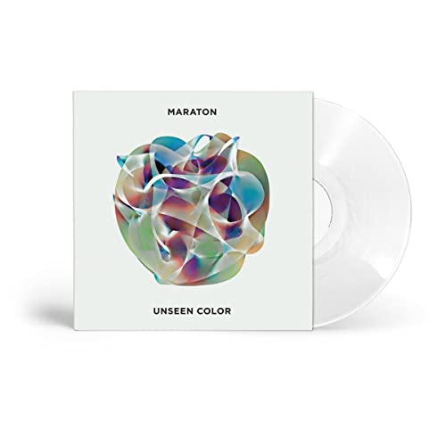 Vinyl record and cover with abstract colorful swirl design.