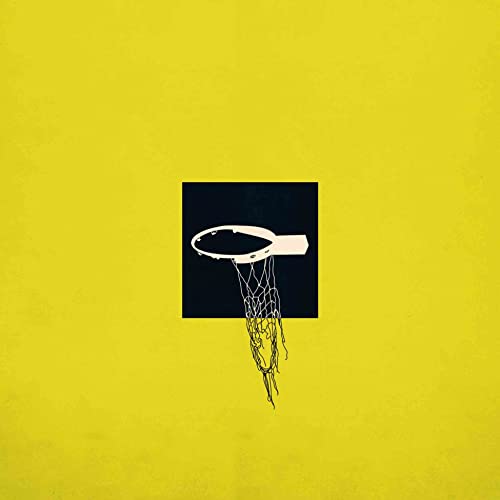 Yellow background with a black square containing a basketball hoop and net.