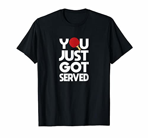 Black t-shirt with white text and a red ping pong ball graphic.