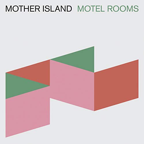 Album cover for “Motel Rooms” with abstract geometric shapes in pink, red, and green.