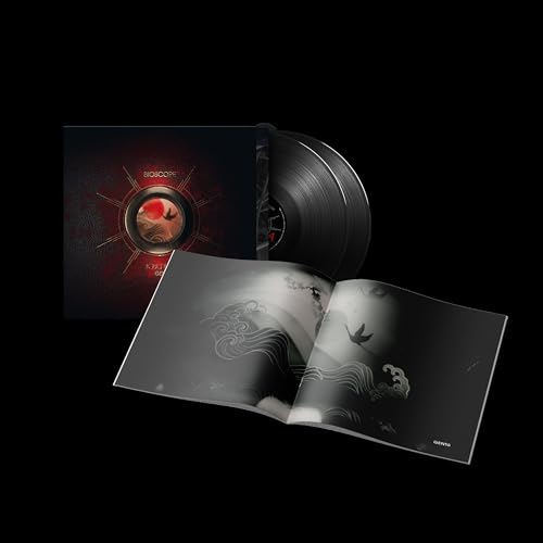 Black vinyl record, album cover, and open booklet with grayscale imagery.