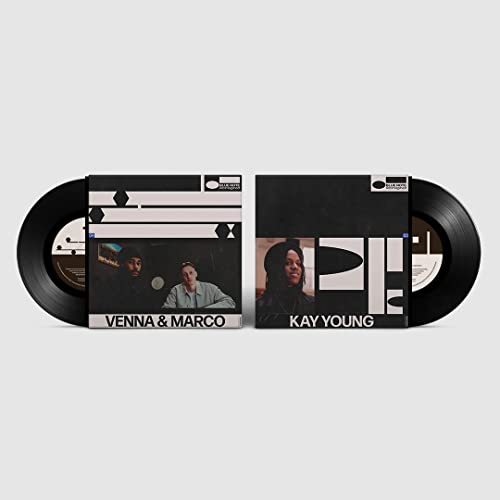 Two black 7-inch vinyl records in sleeves with portrait photography.