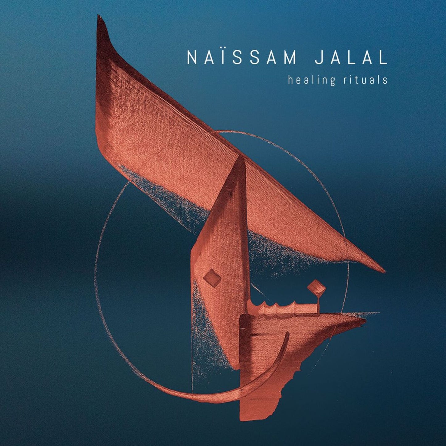 Album cover for Naïssam Jalal’s “Healing Rituals” featuring a red boat illustration.