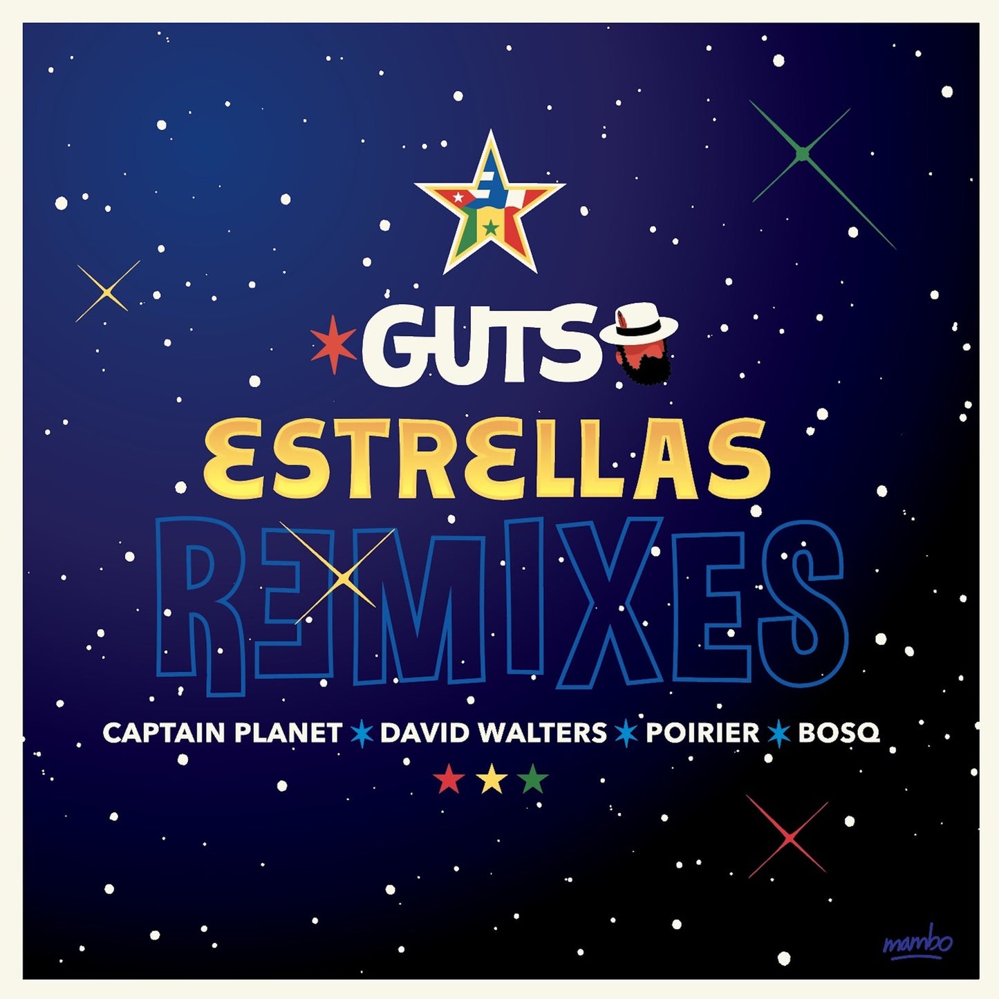 Album cover for “Guts - Estrellas Remixes” with stars and bold text.