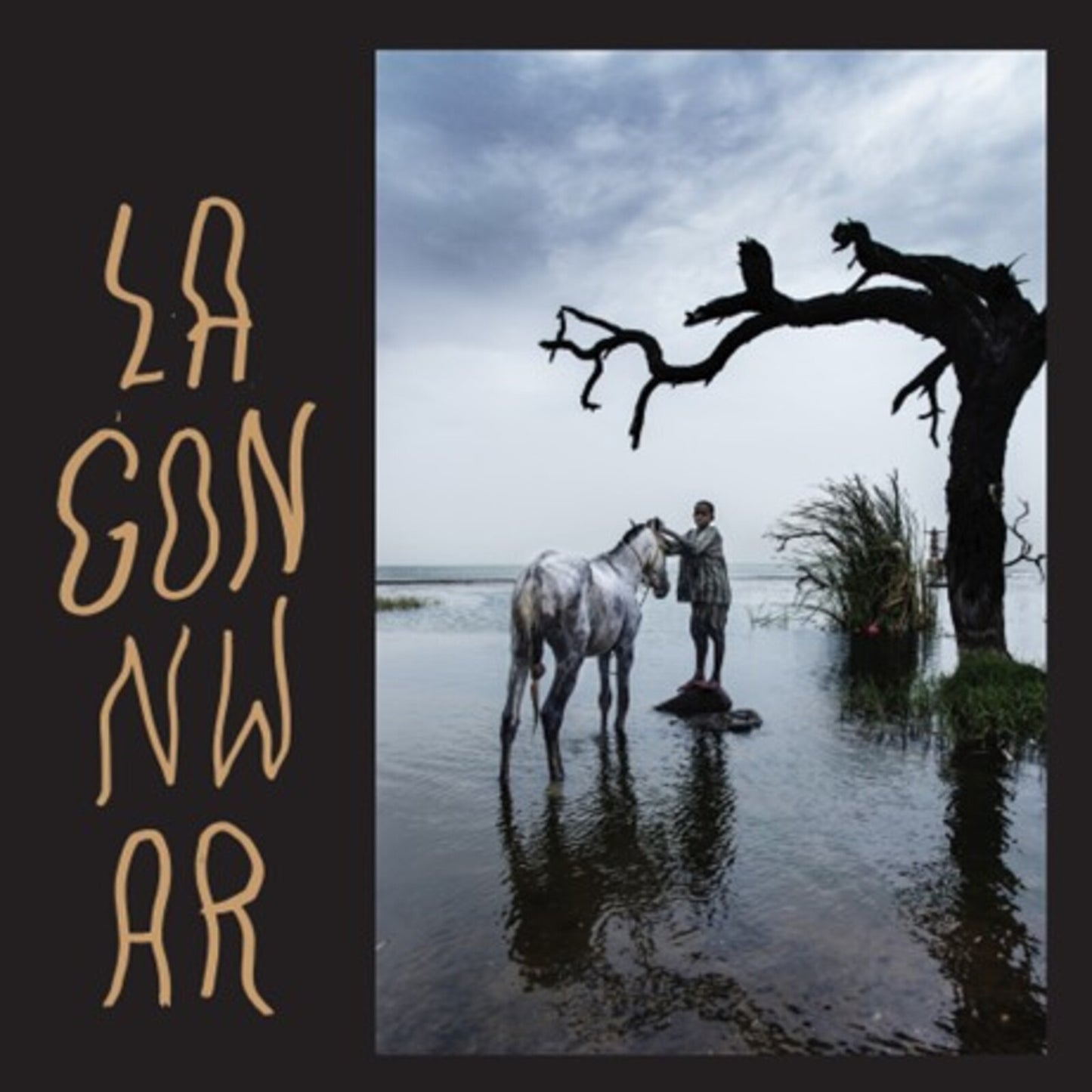 Album cover: person and horse standing in shallow water with a bare tree.