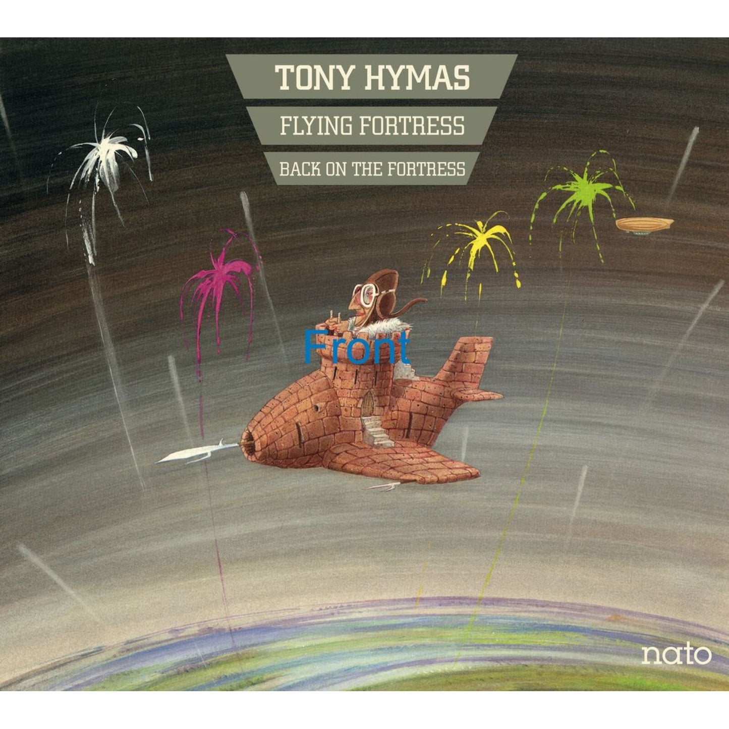 CD cover: illustrated flying fortress with fireworks over a landscape.