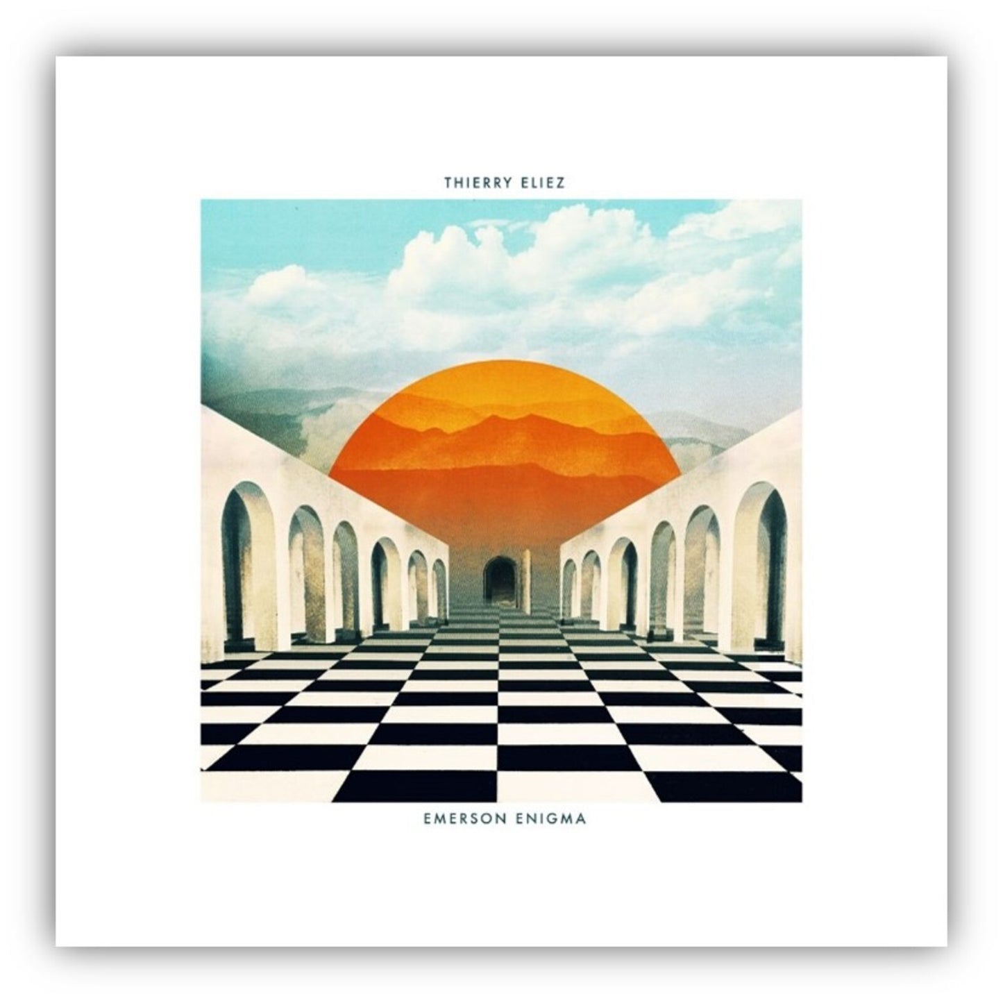 CD cover: checkered hall with arches, sun, and cloudy sky.