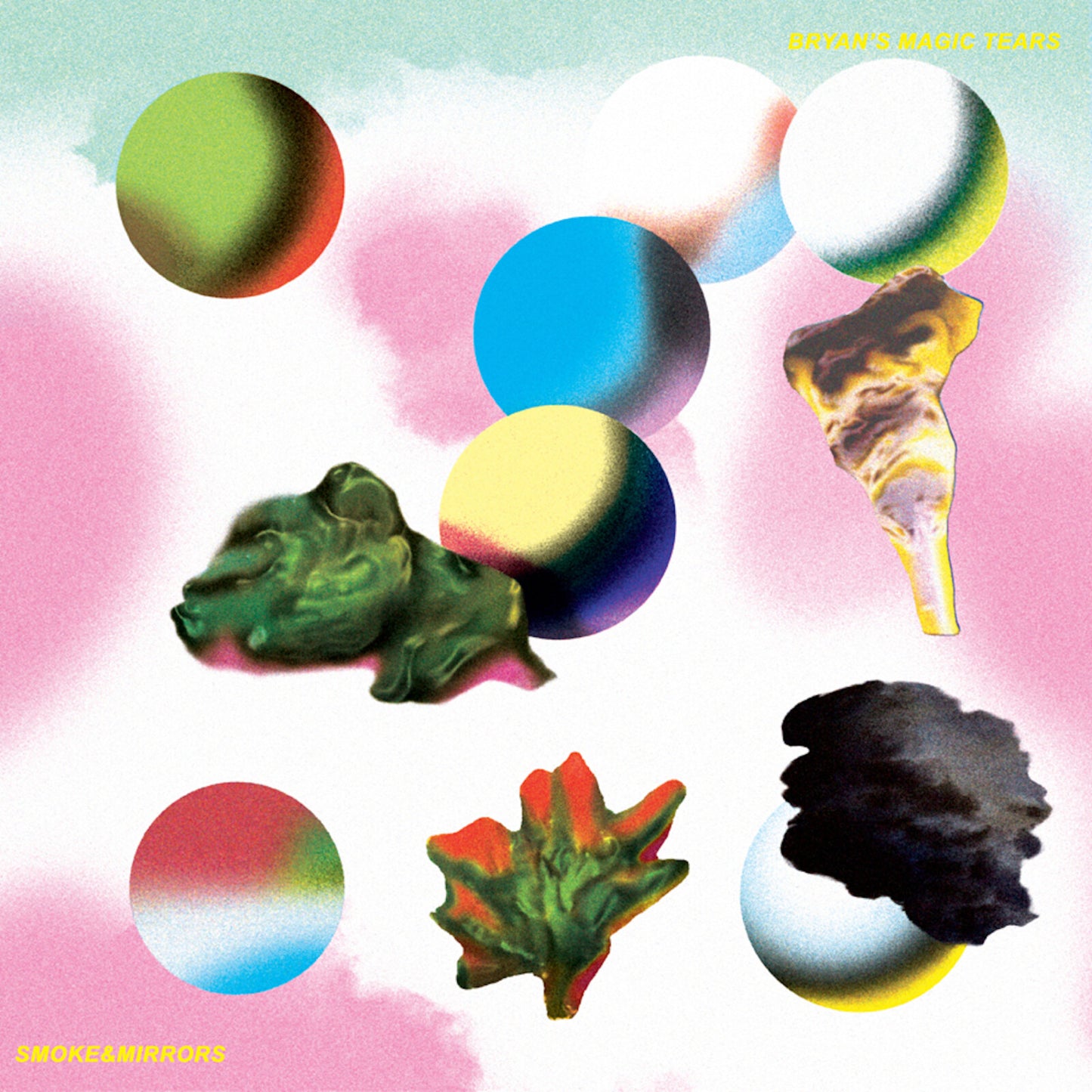 Album cover with colorful orbs, a trumpet, and foliage on a pink background.