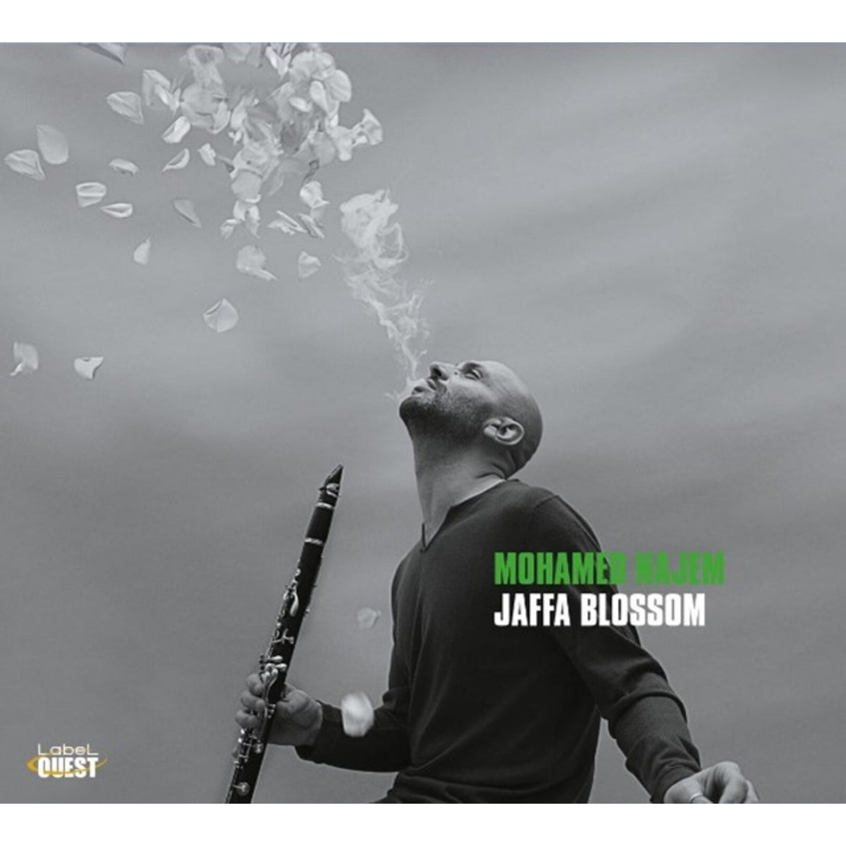 Man with clarinet, petals falling, album cover for "Jaffa Blossom".