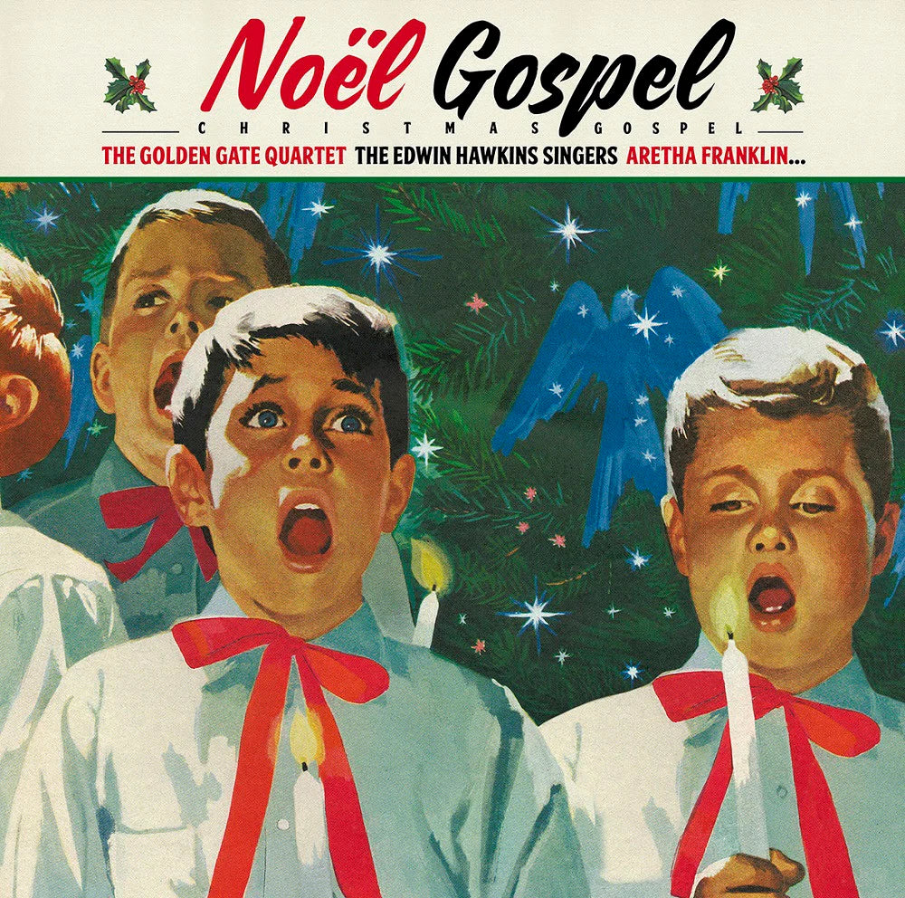 Vintage vinyl album cover: “Noël Gospel” featuring singers and Christmas decor.