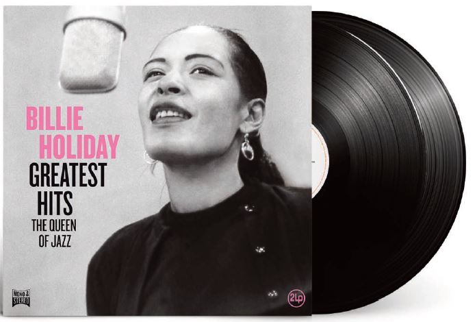 Billie Holiday album cover and vinyl record, black and white portrait.