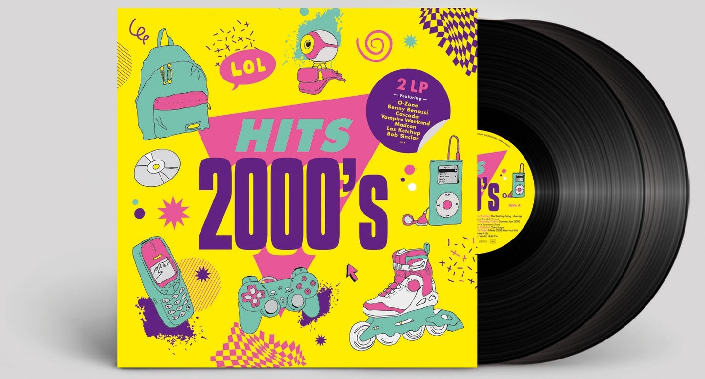 Colorful vinyl record cover for “Hits 2000’s” with Y2K imagery.