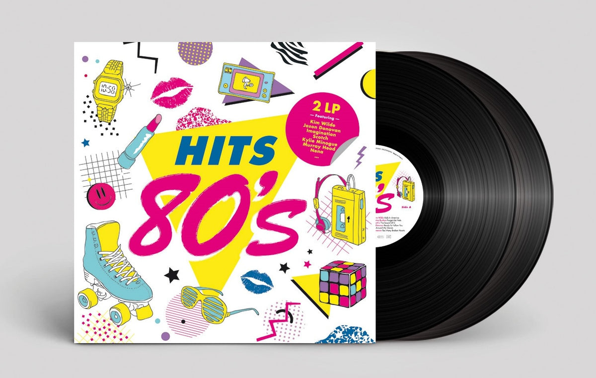1980s-themed vinyl record album cover with colorful illustrations and text.