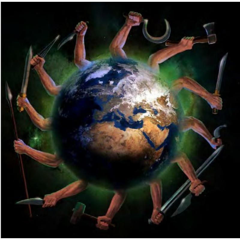Earth surrounded by multiple arms wielding various sharp weapons.