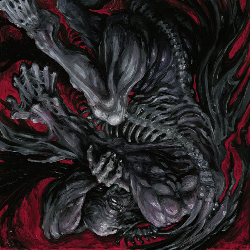 Dark, swirling abstract painting of skeletal figures against a red background.