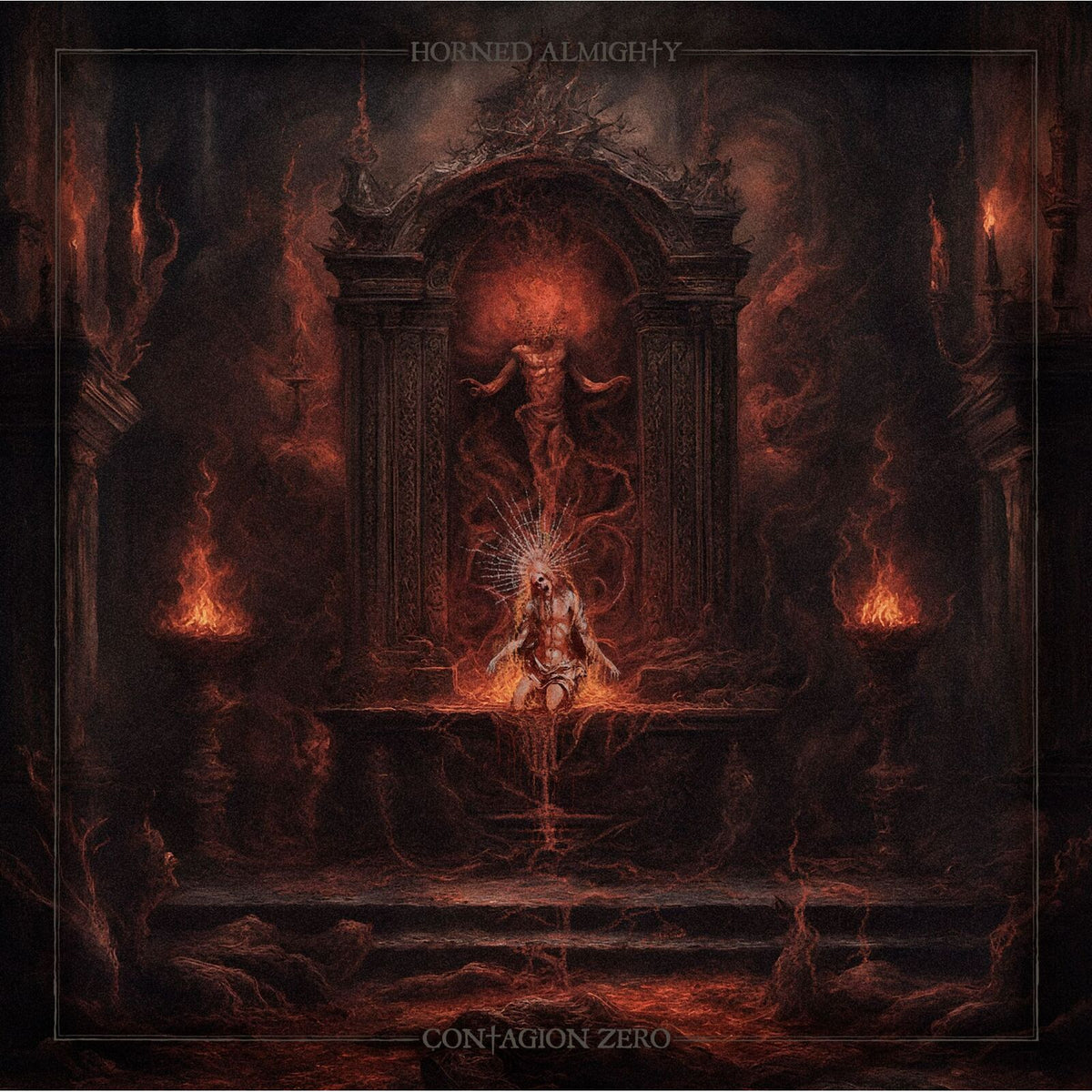 Dark fantasy album cover featuring demonic figures within an ornate, fiery frame.