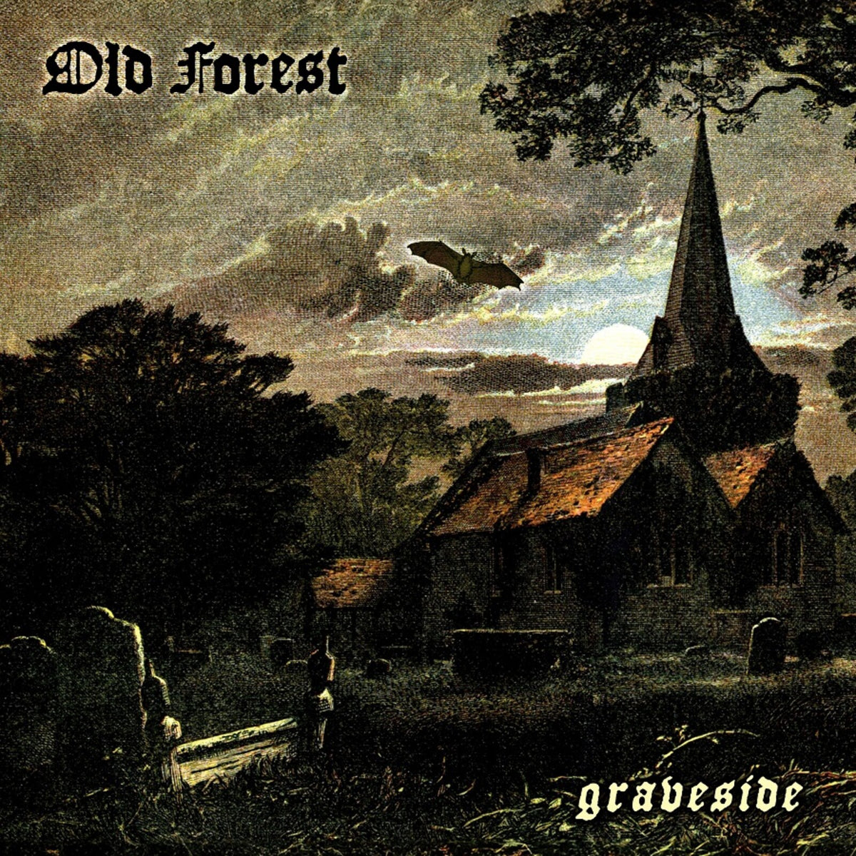 Dark landscape painting of a church, graveyard, and bat in flight.