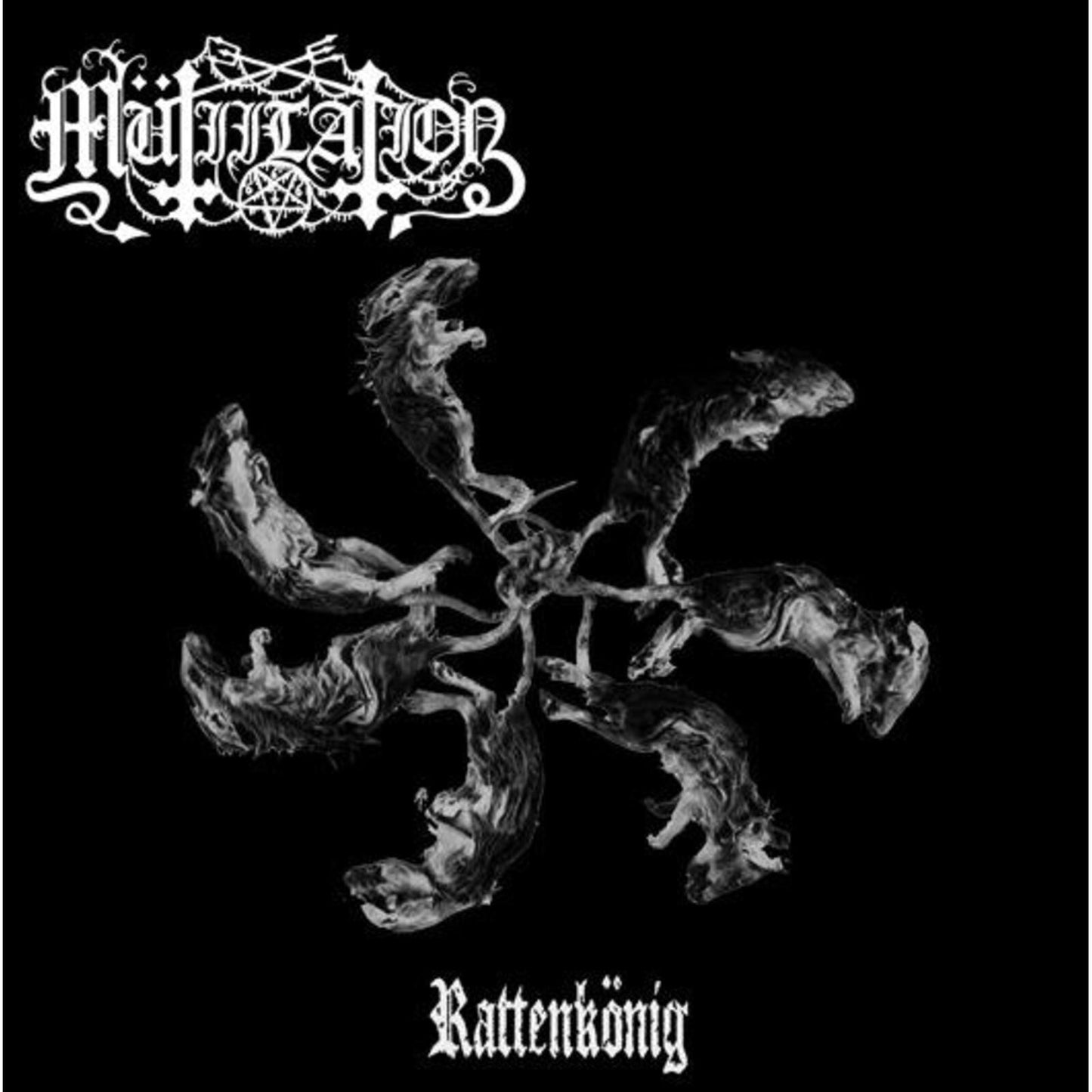 Black and white album cover featuring a cluster of rats joined at the tails.