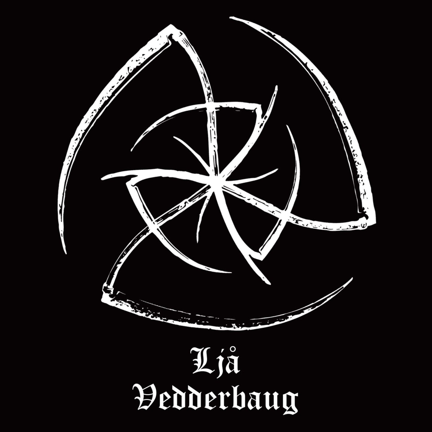 Black background with white abstract symbol and band name "Lja Vedderbaug.