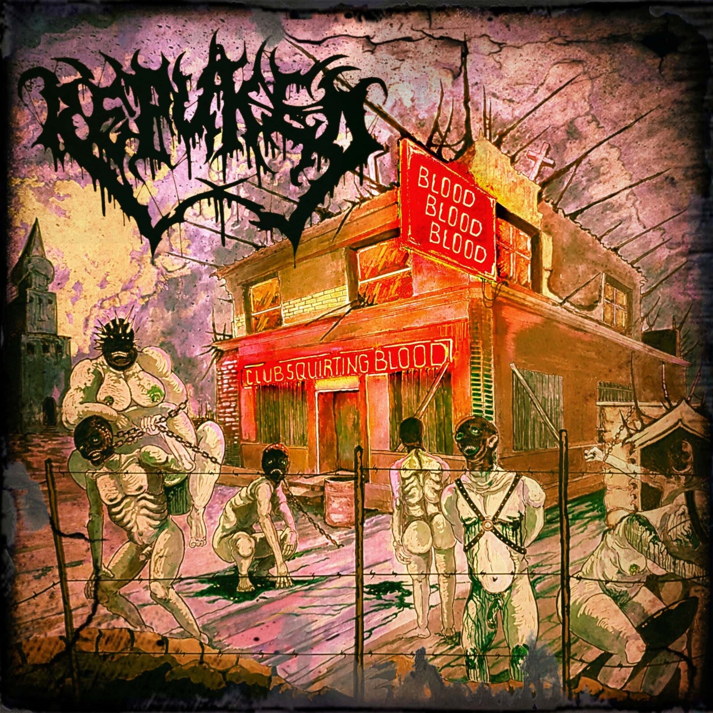 Dark, illustrated album cover with figures and a building, “Club Squirting Blood” sign.