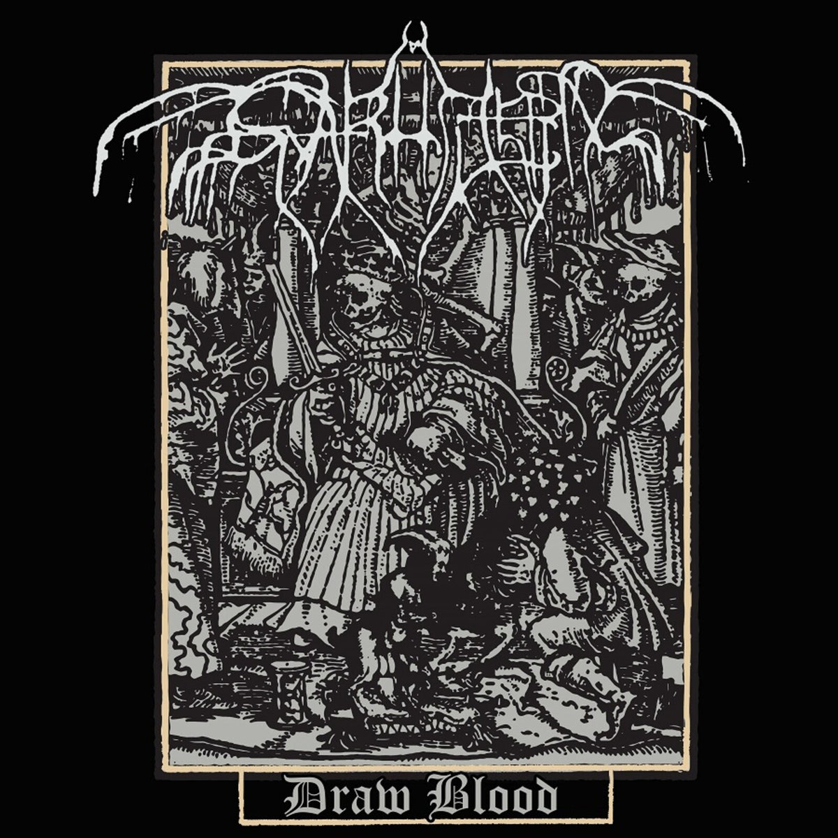 Black and white album cover with intricate, dark illustration and text.