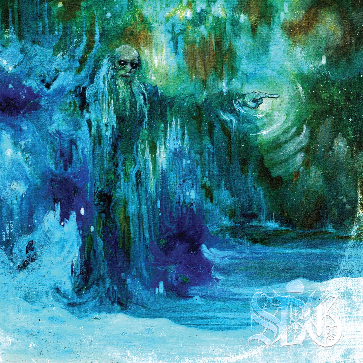 Painted image of a blue, spectral wizard gesturing with a long beard.