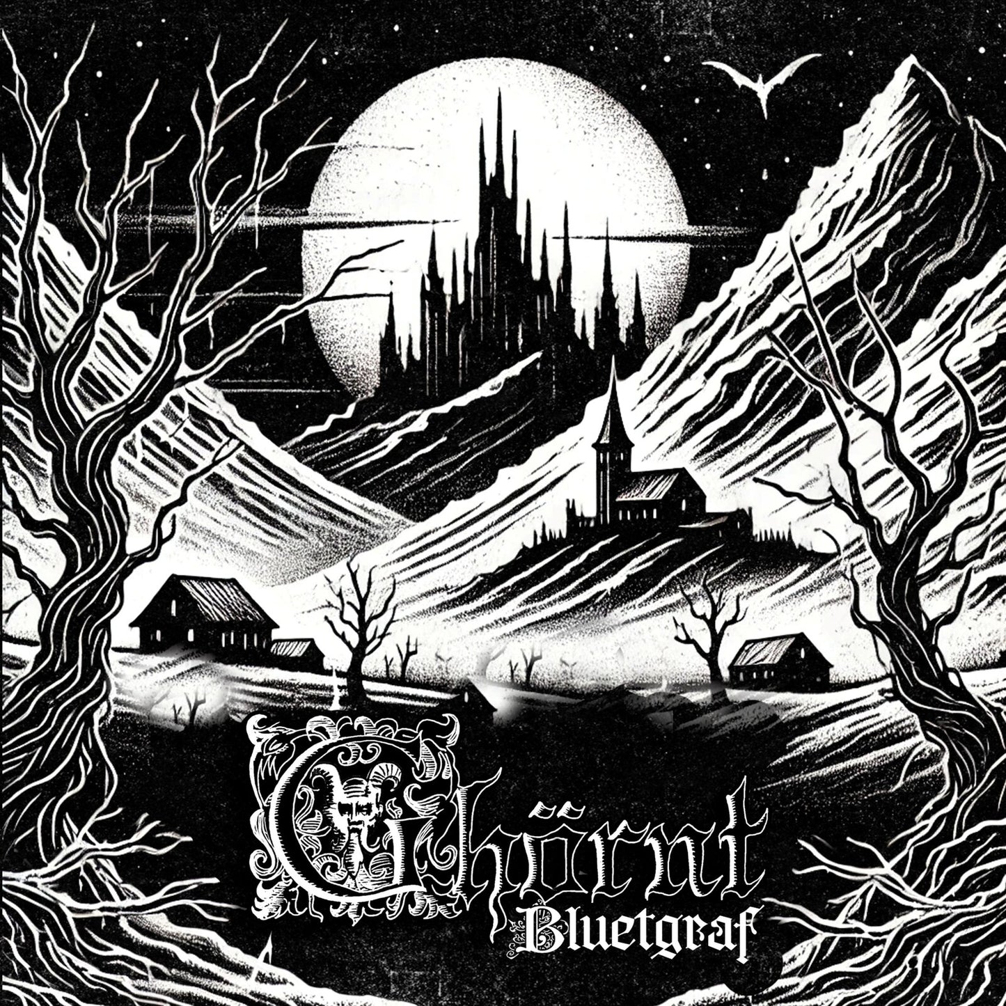 Black and white album cover depicting a castle and bare trees.