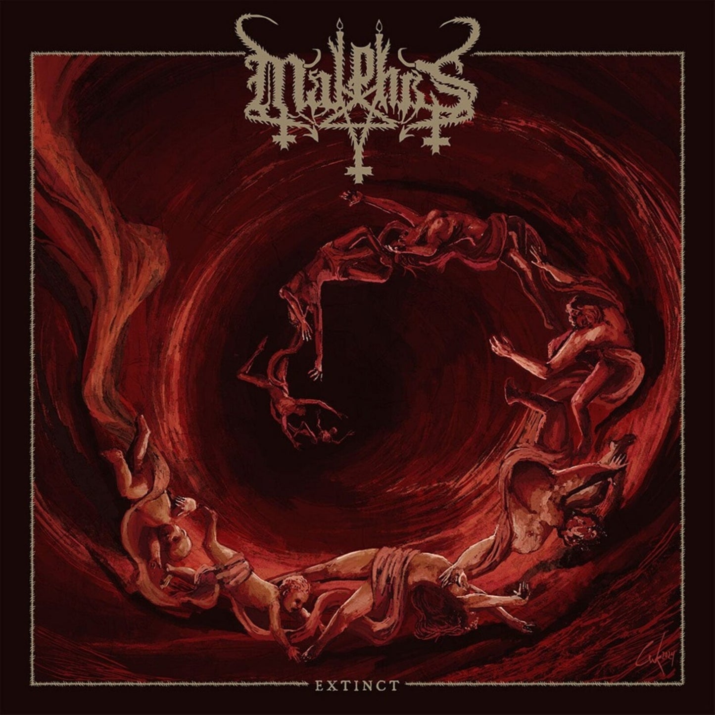 Malphas “Extinct” vinyl cover: swirling red vortex with falling figures.