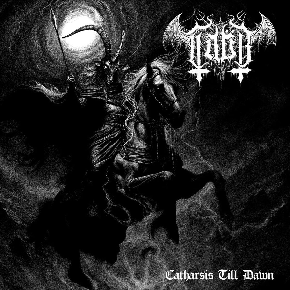 Black and white album cover depicting a demonic figure on horseback.