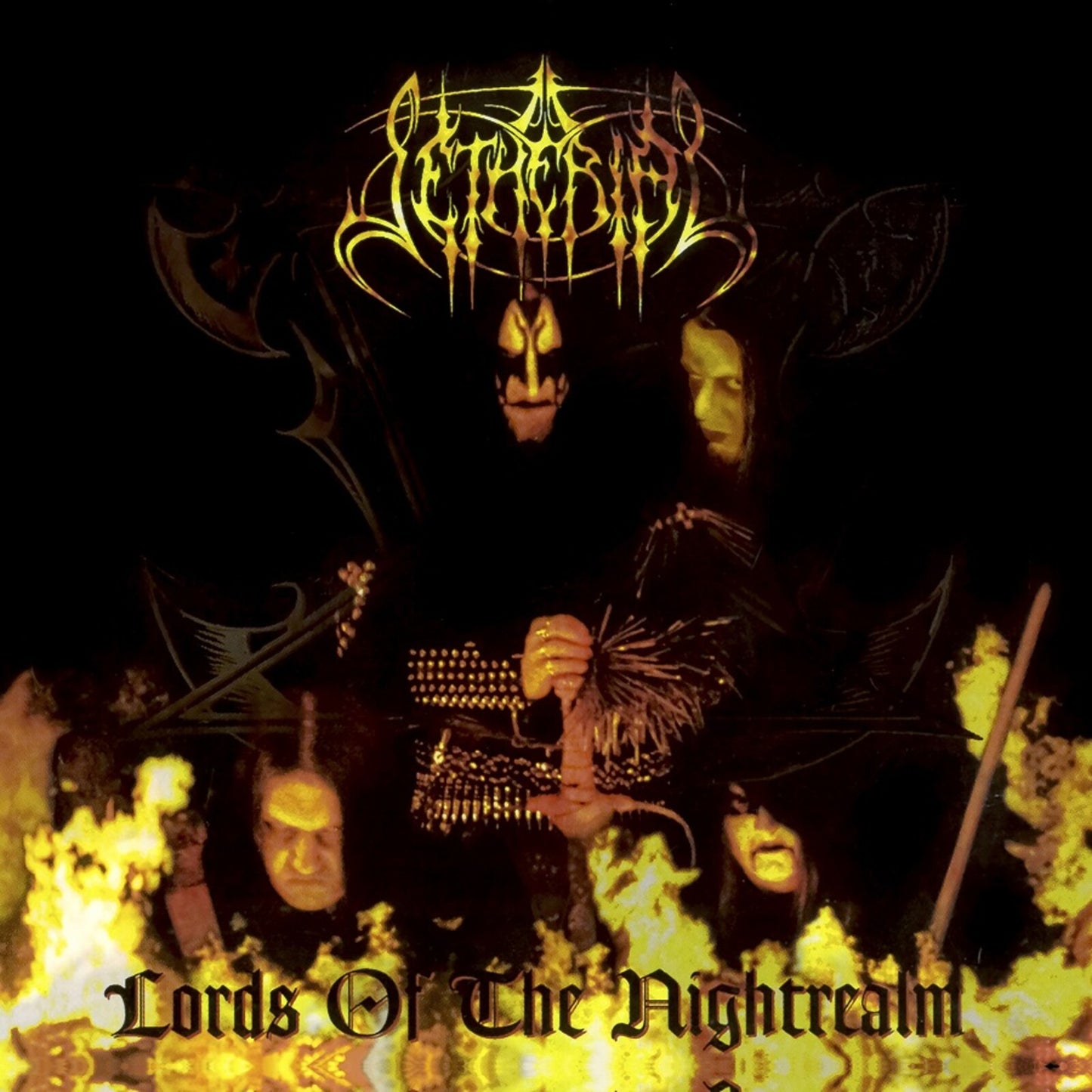 Dark album cover featuring five figures and ornate band logo.