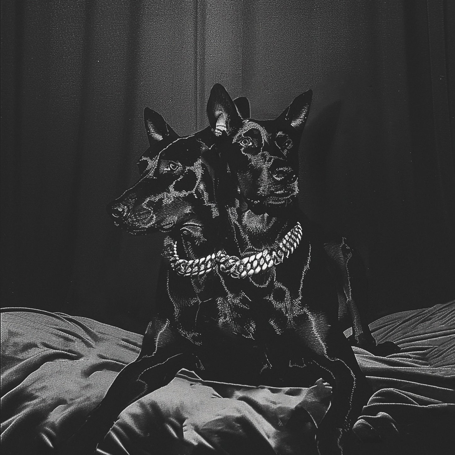 Black and white photo of two dogs with chains, looking at the viewer.