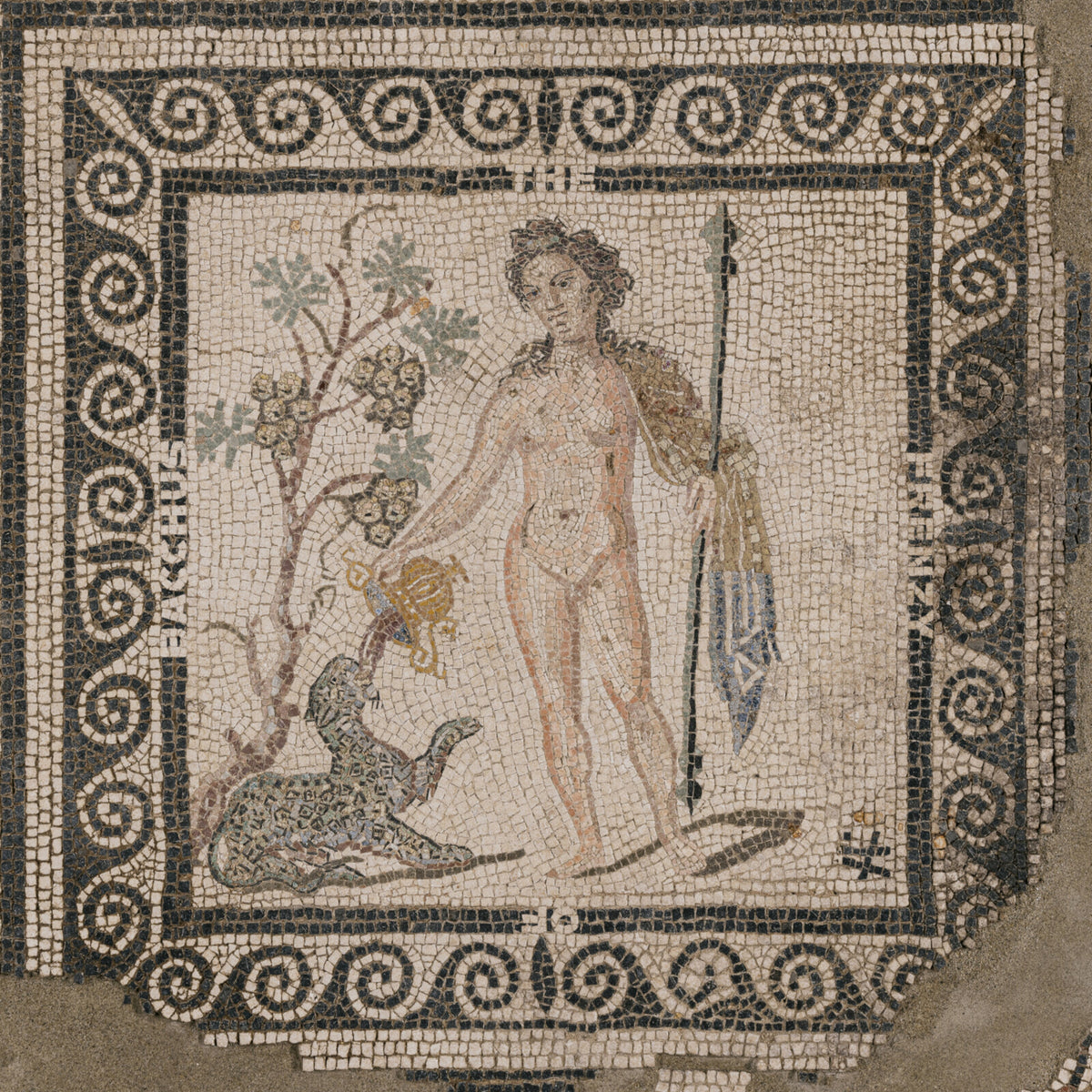 Ancient Roman mosaic depicting Bacchus with a panther and thyrsus.