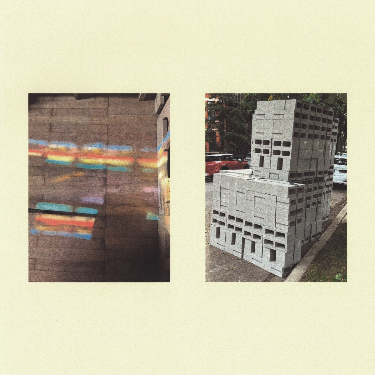 Split image of colorful wall and stacked concrete blocks outdoors.