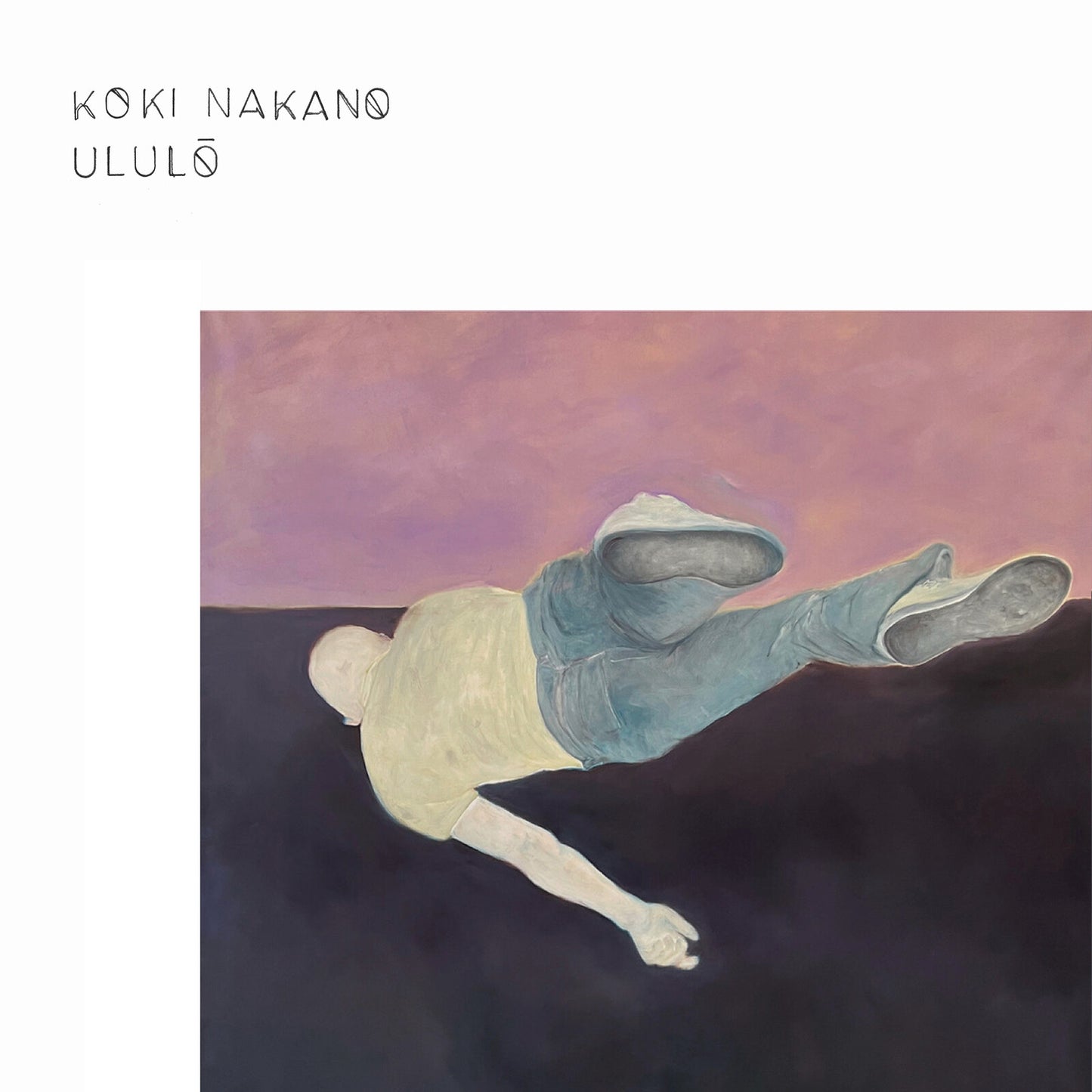 Album cover: painting of a person falling against a pink sky.