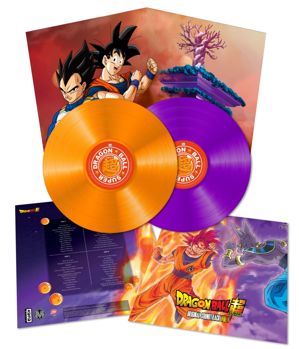 Dragon Ball Super soundtrack vinyl record with character artwork and tracklist.