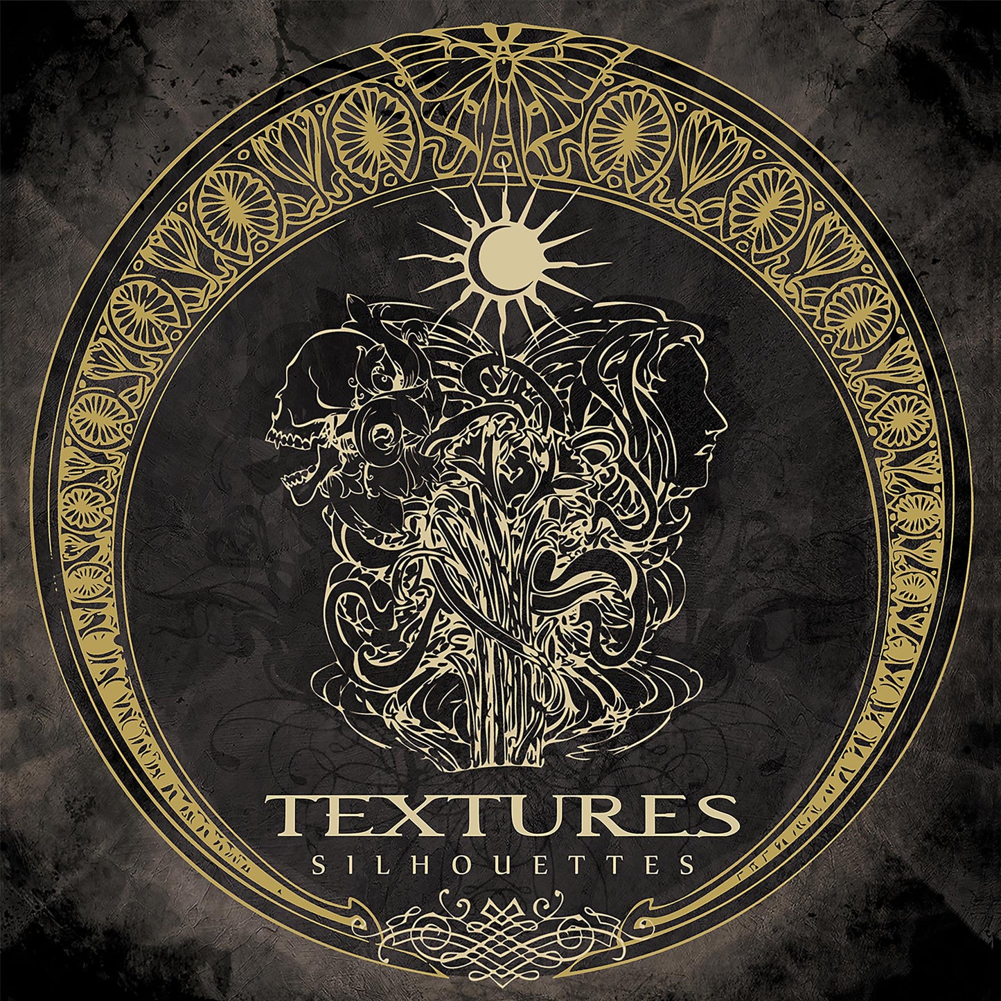 CD cover for "Textures - Silhouettes" with ornate gold design and faces.