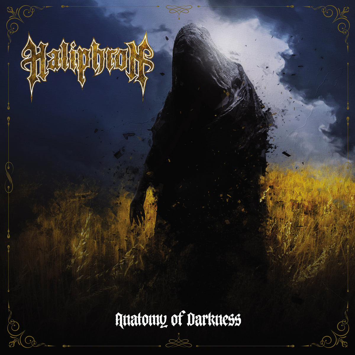 Haliphron album cover: hooded figure in a field, dark and stormy sky.