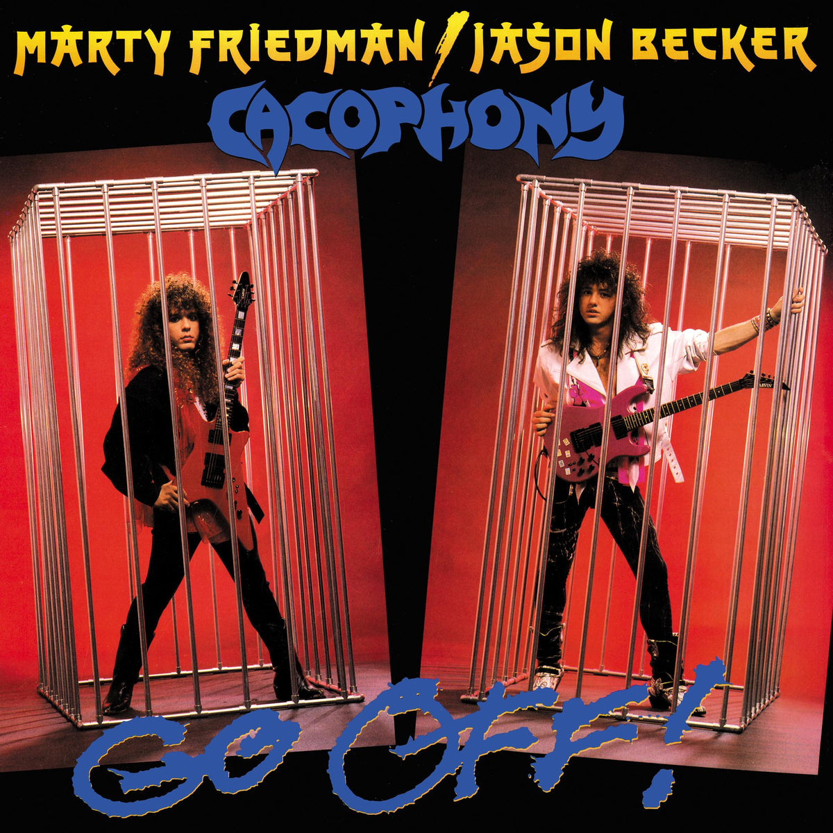 CD cover: two guitarists posing inside and beside metal cages.