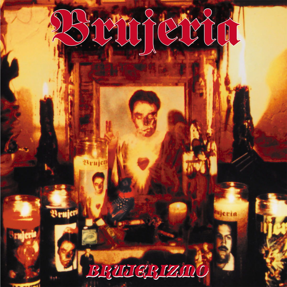 Brujeria album cover with candles, a portrait, and occult imagery.