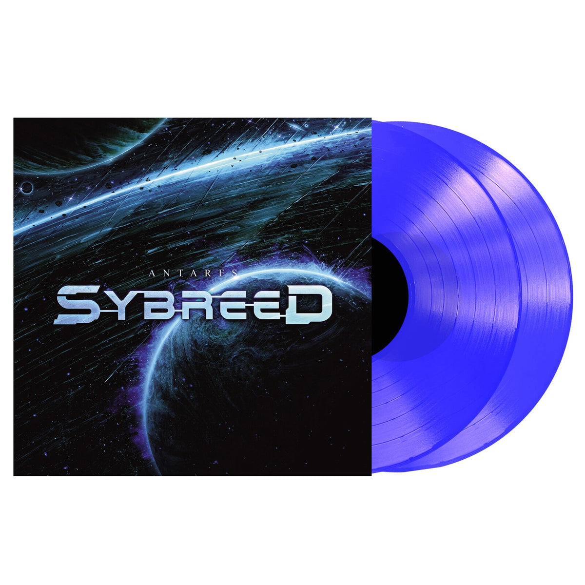 Sybreed "Antares" vinyl record with blue galaxy cover and blue discs.