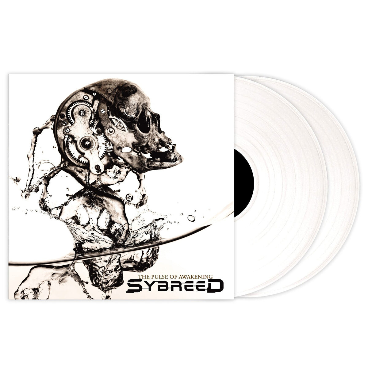 Sybreed album cover with a mechanical skull and white vinyl record.
