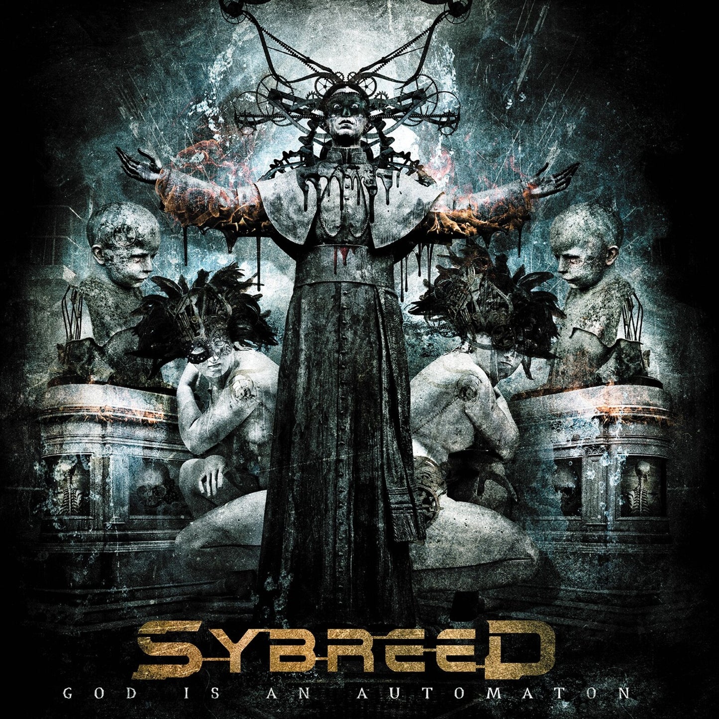 Sybreed album cover: dark, textured image with a central figure and statues.