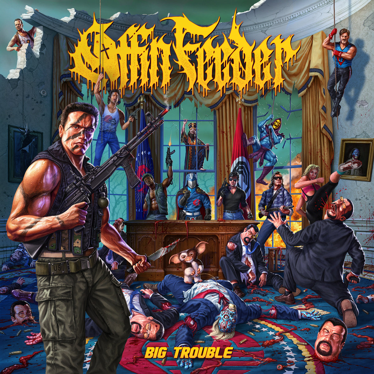 Violent album cover depicting armed figures in a chaotic, destroyed room.