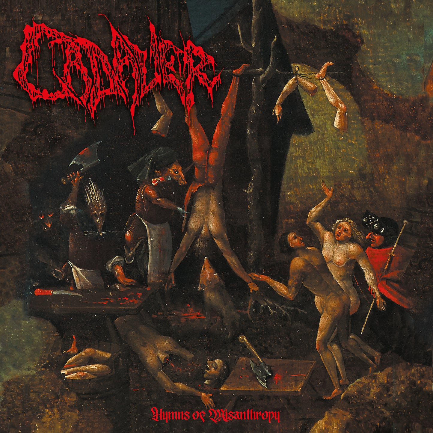 Dark album cover depicting disturbing, medieval-style figures and red text.