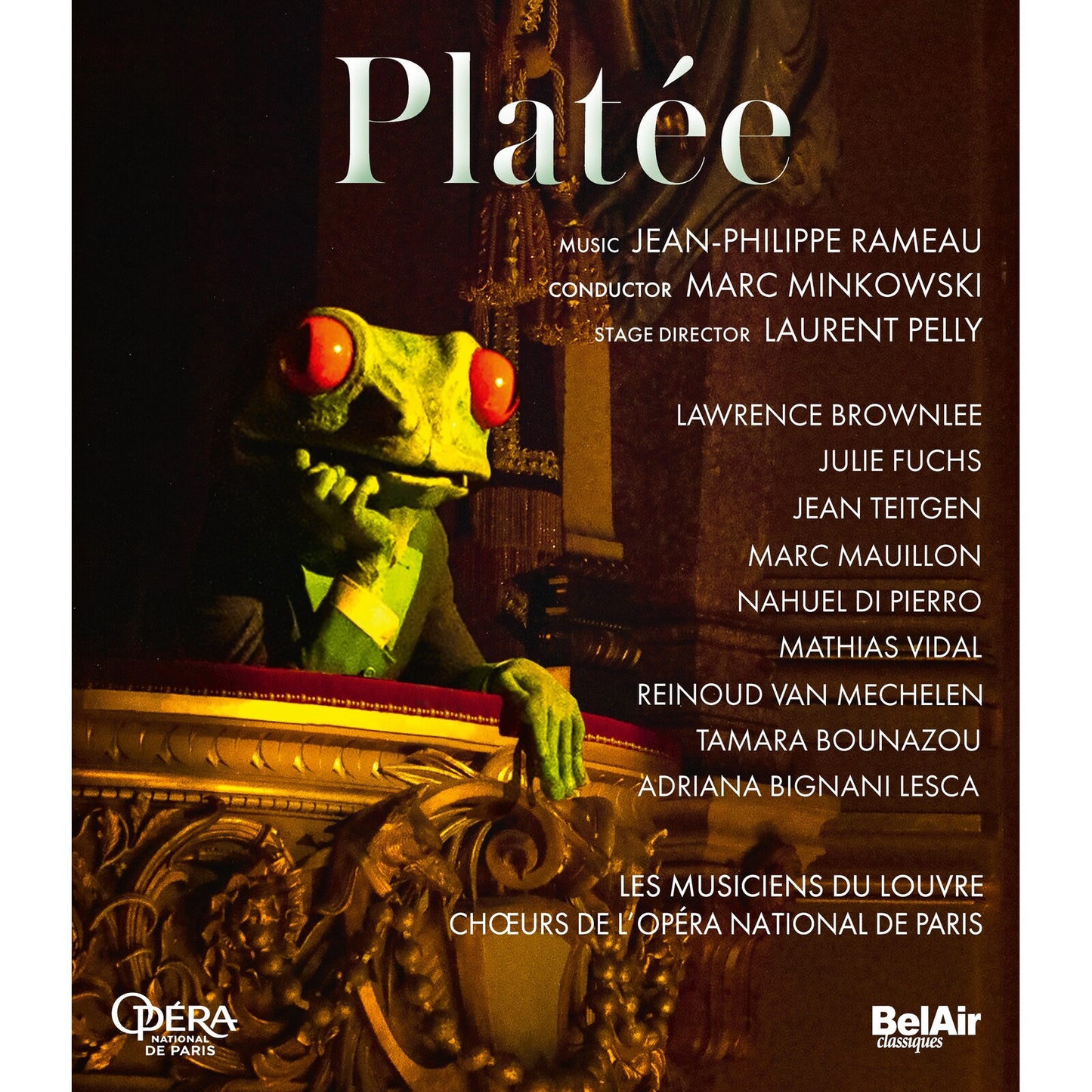 Blu-ray cover for "Platée" opera featuring a green frog in costume.