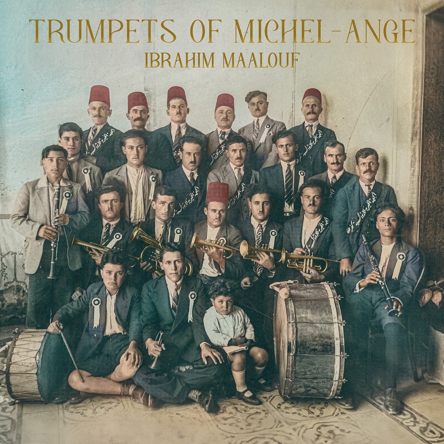 CD cover: vintage photo of a large group of musicians with brass instruments.