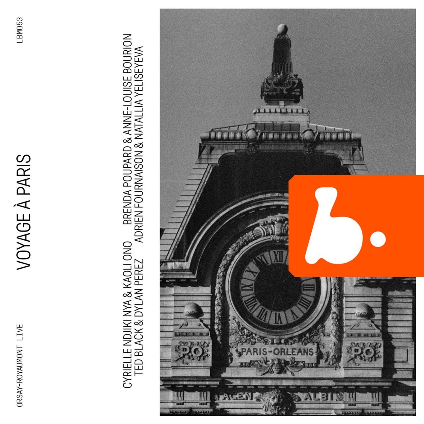 CD cover: clock tower image with bold yellow letter "B" design.